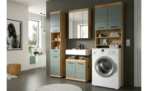 Waschmaschinenumbauschrank SCHLOONSEE, Breite 63cm, für Waschmaschine & Trockner, 2 Türen, MDF-Front, in verschiedenen Farben, Überbauschrank, Umbauschrank, Badschrank Schloonsee | Eiche Artisan (Nachbildung), Salbeigrün