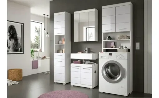 Waschmaschinenumbauschrank SCHLOONSEE, Breite 63cm, für Waschmaschine & Trockner, 2 Türen, MDF-Front, in verschiedenen Farben, Überbauschrank, Umbauschrank, Badschrank Schloonsee | Weiß, hochglanz